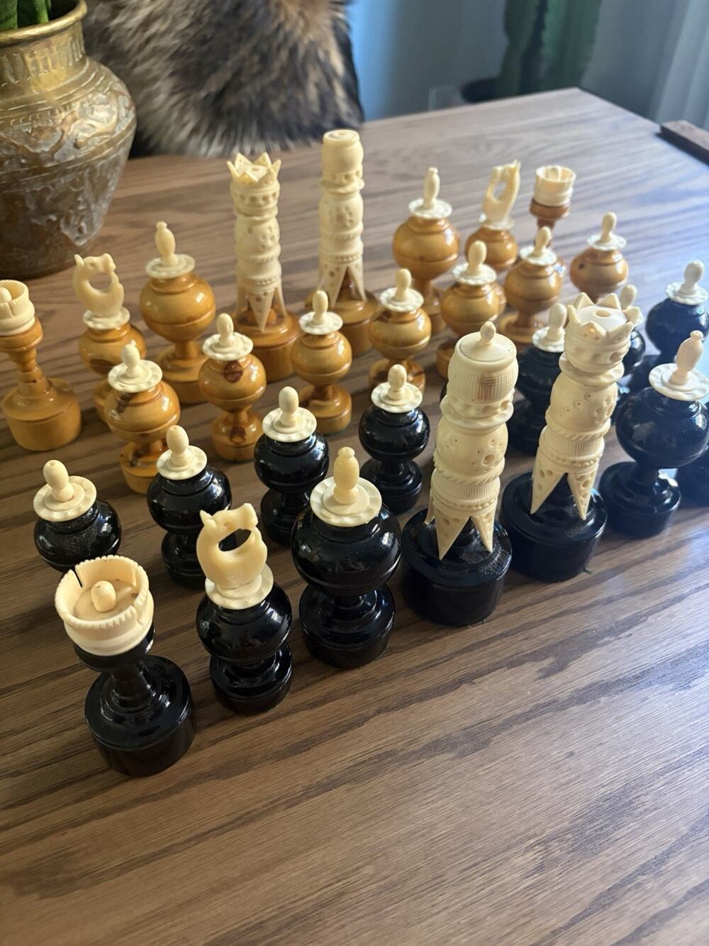 Vintage 1950s Handmade Mexican Carved Chess Set Pulpit Style Wood Bovine Bone